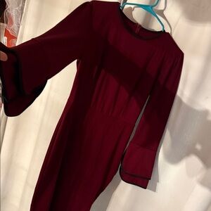 Amazon Women's Burgundy Long-Sleeve Bell Cuff Midi Dress with Black Trim medium